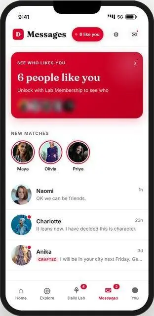 Dating Lab Messages screen